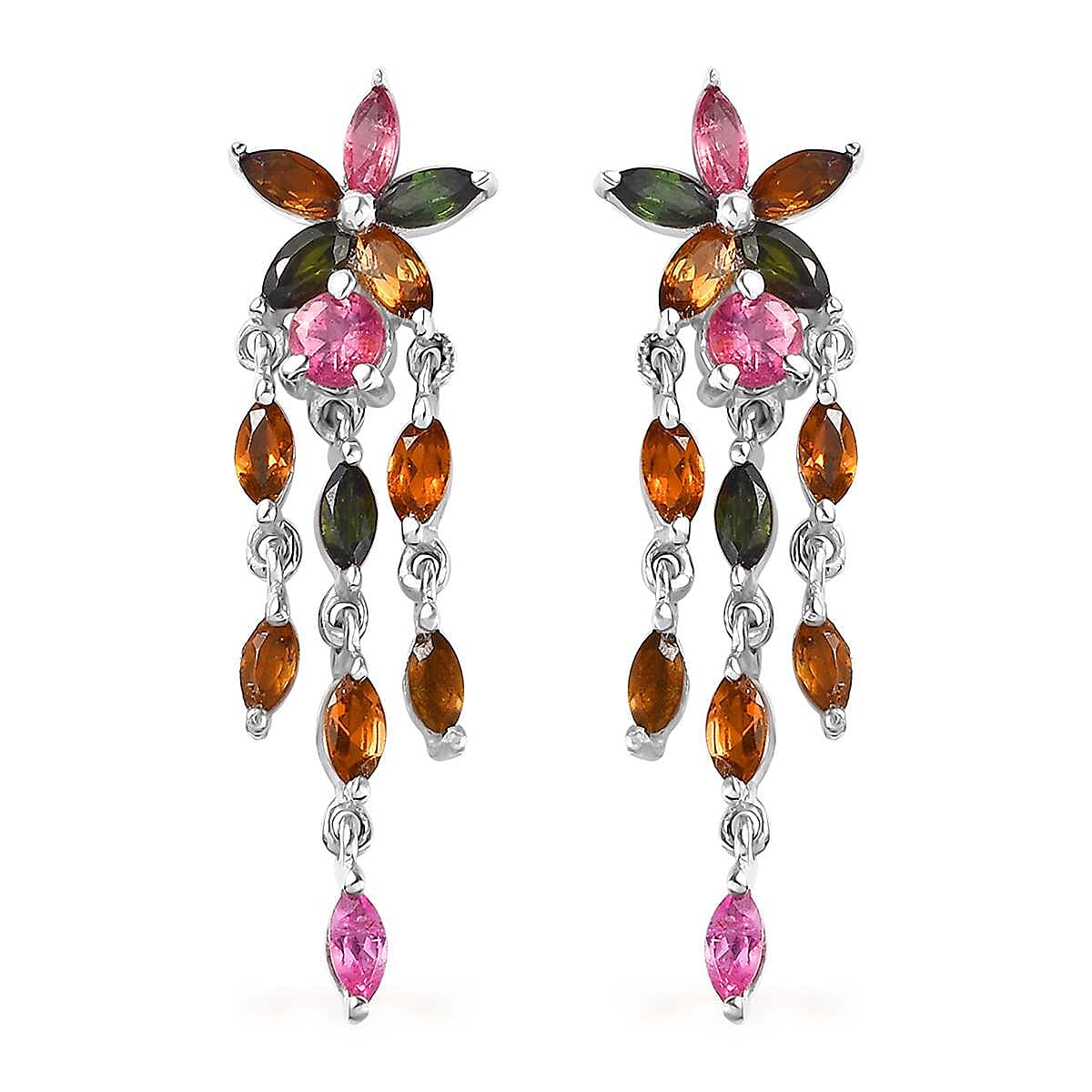 Multi-Tourmaline Floral Dangle Earrings in Platinum Over Sterling Silver 2.35 ctw