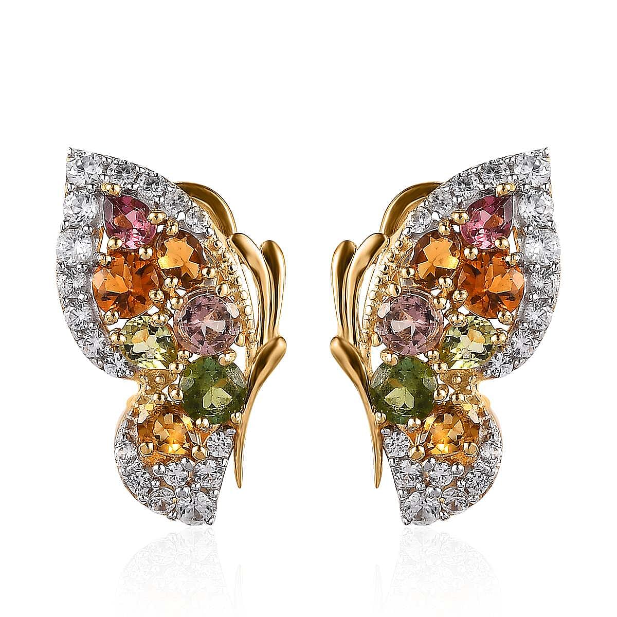 Multi-Tourmaline and White Zircon Butterfly Earrings in Vermeil Yellow Gold Over Sterling Silver 4.10 ctw
