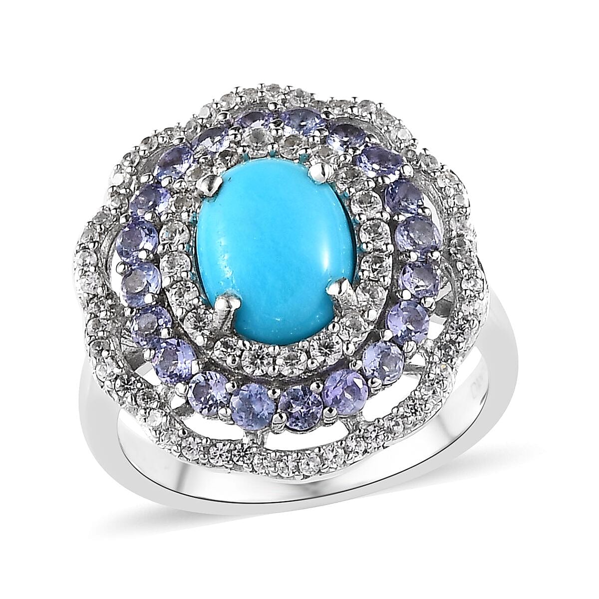 Sleeping Beauty Turquoise and Multi Gemstone Floral Ring in Platinum Over Sterling Silver (Size 10.0) 3.25 ctw