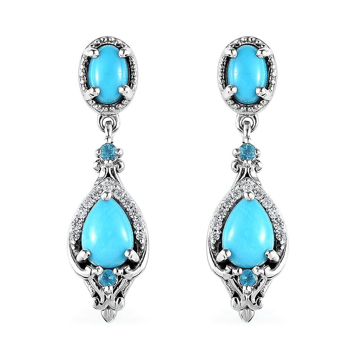 Sleeping Beauty Turquoise and Multi Gemstone Dangle Earrings in Platinum Over Sterling Silver 2.50 ctw