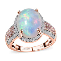 Luxoro 10K Rose Gold AAA Ethiopian Welo Opal, I3 Natural Pink and White Diamond Halo Ring 4.65 Grams 4.60 ctw (Del. in 7-10 Days)