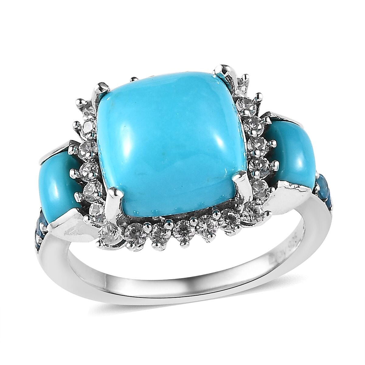 Sleeping Beauty Turquoise, Multi Gemstone Halo Ring in Platinum Over Sterling Silver (Size 10.0) 5.25 ctw
