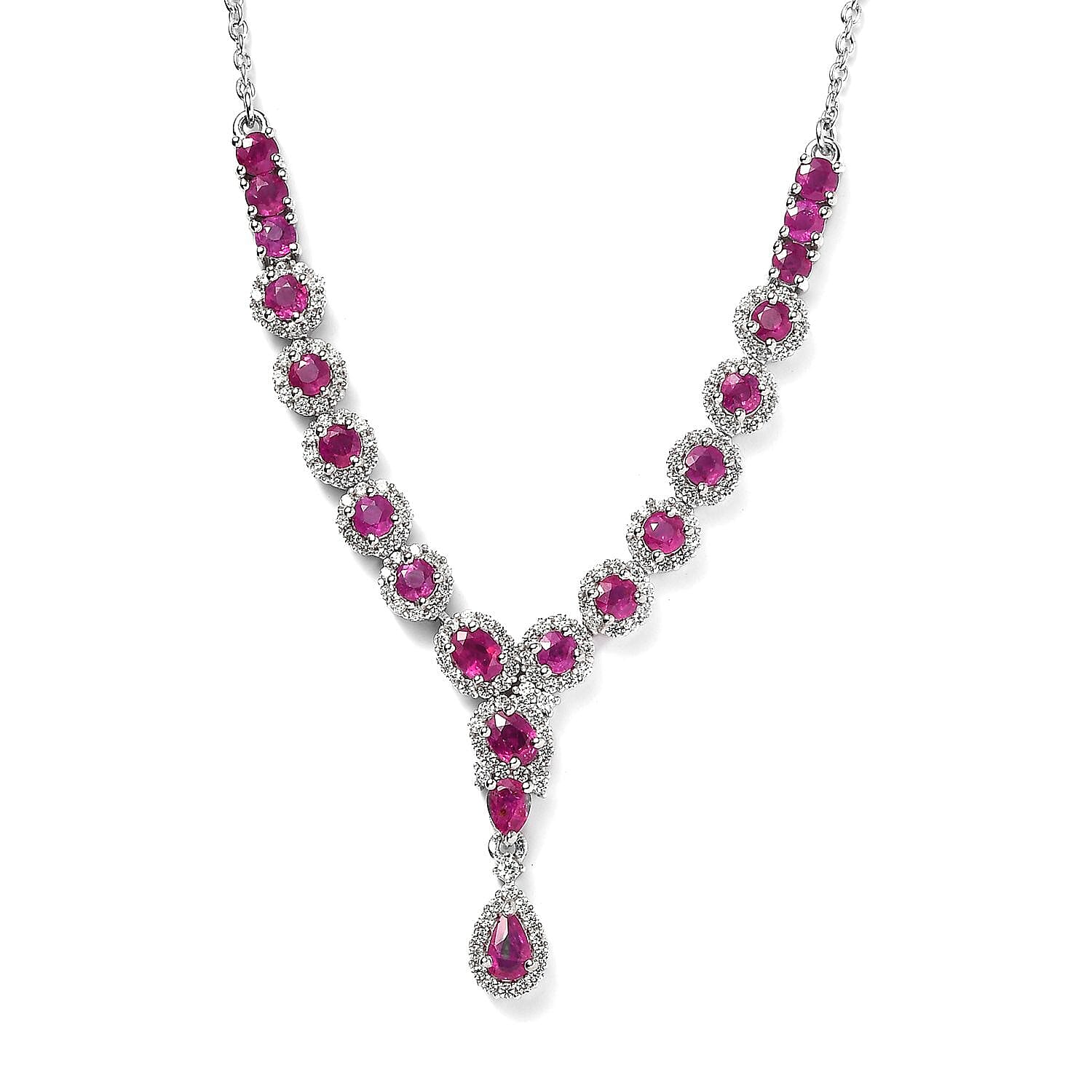 Premium Montepuez Ruby and White Zircon Necklace 18 Inches in Platinum Over Sterling Silver 5.00 ctw