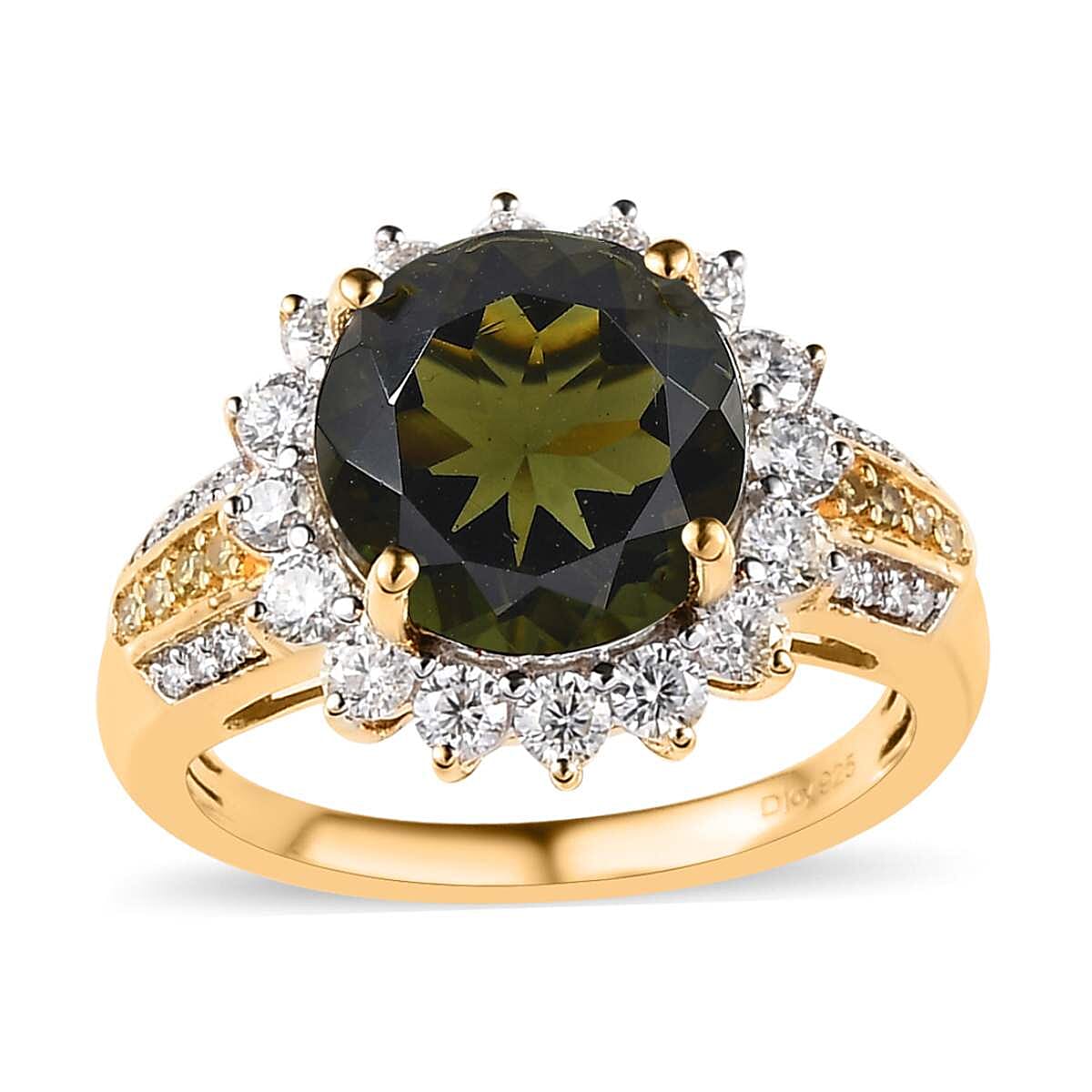 Premium Bohemian Moldavite, Moissanite, Natural Yellow Diamond Floral Ring in Vermeil YG Over Sterling Silver (Size 10.0) 4.30 ctw
