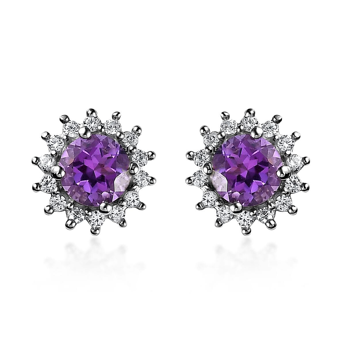 Premium Mashamba Amethyst and White Zircon Sunburst Stud Earrings in Platinum Over Sterling Silver 1.30 ctw