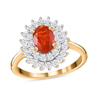 Mexican Cherry Fire Opal and Moissanite Double Halo Ring in Vermeil Yellow Gold Over Sterling Silver 1.20 ctw