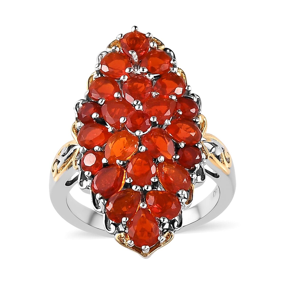 Mexican Cherry Fire Opal Elongated Ring in Vermeil Yellow Gold and Platinum Over Sterling Silver 4.10 ctw