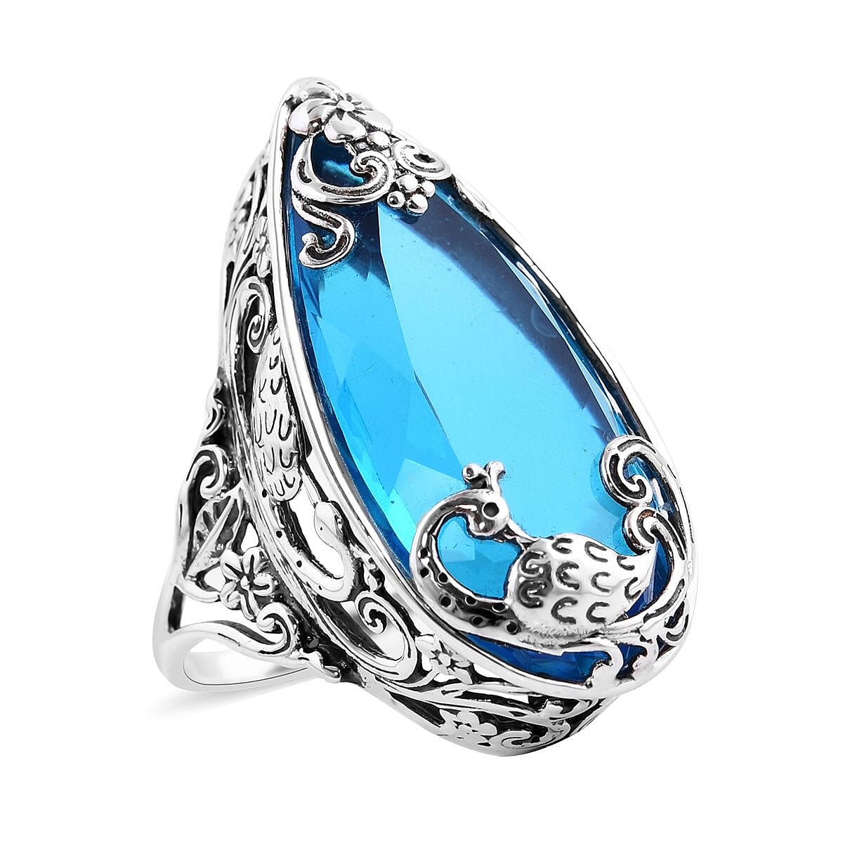 Doorbuster Bali Legacy Caribbean Quartz Peacock Ring in Sterling Silver (Size 10.0) 26.25 ctw