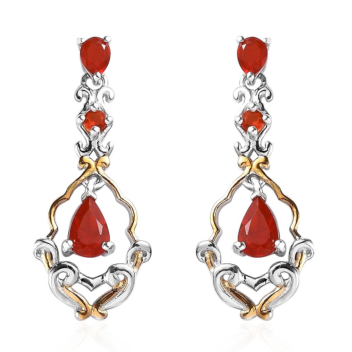 Mexican Cherry Fire Opal Dangle Earrings in Vermeil YG and Platinum Over Sterling Silver 1.35 ctw