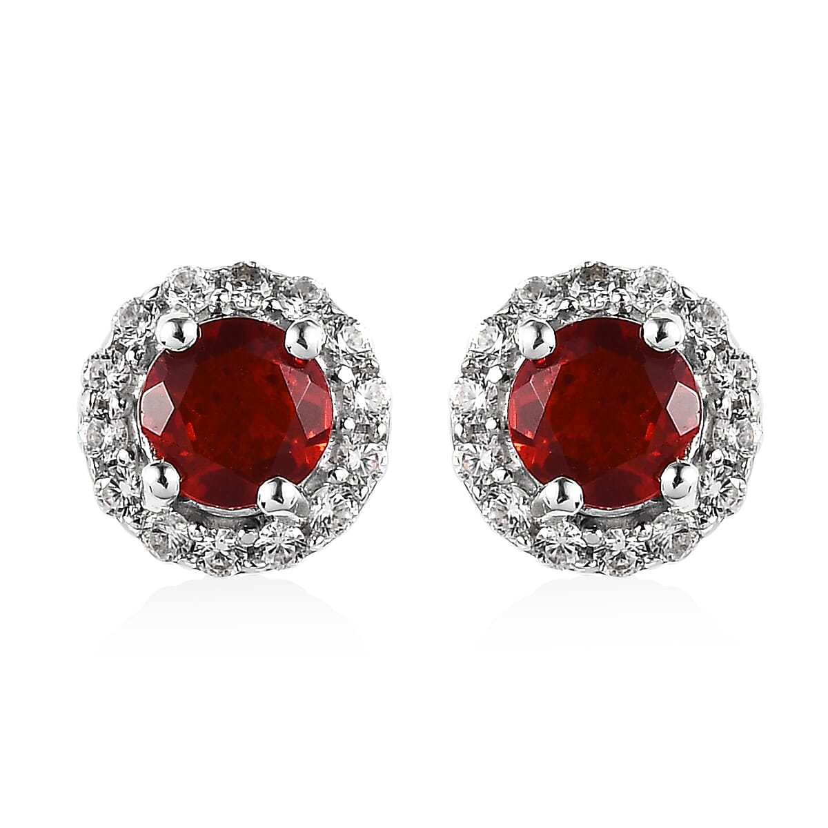 Mexican Cherry Fire Opal and White Zircon Halo Stud Earrings in Platinum Over Sterling Silver 0.70 ctw