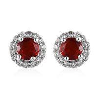 Mexican Cherry Fire Opal and White Zircon Halo Stud Earrings in Platinum Over Sterling Silver 0.70 ctw