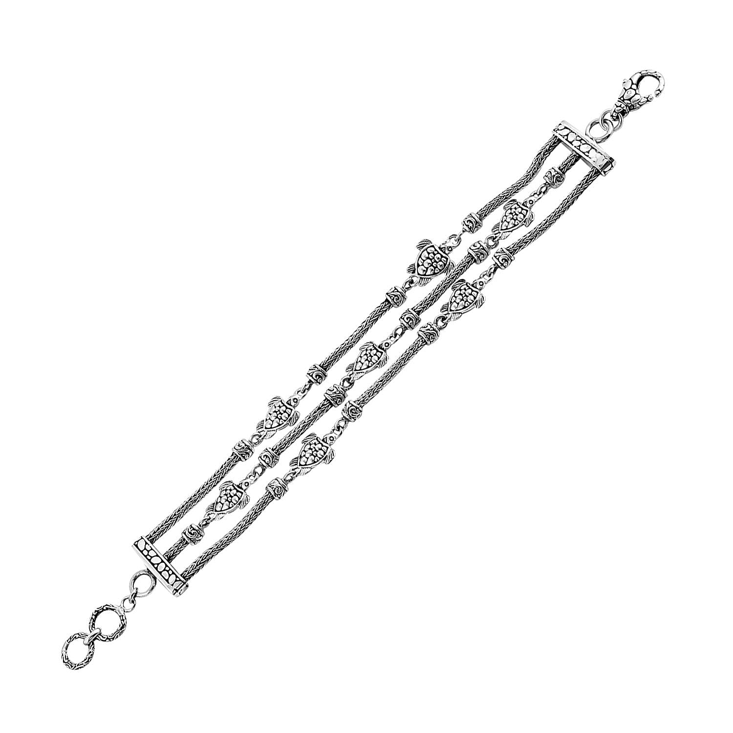 Doorbuster Bali Legacy Sterling Silver 3 Row Turtle Bracelet (7.00 In) 33 Grams (1)