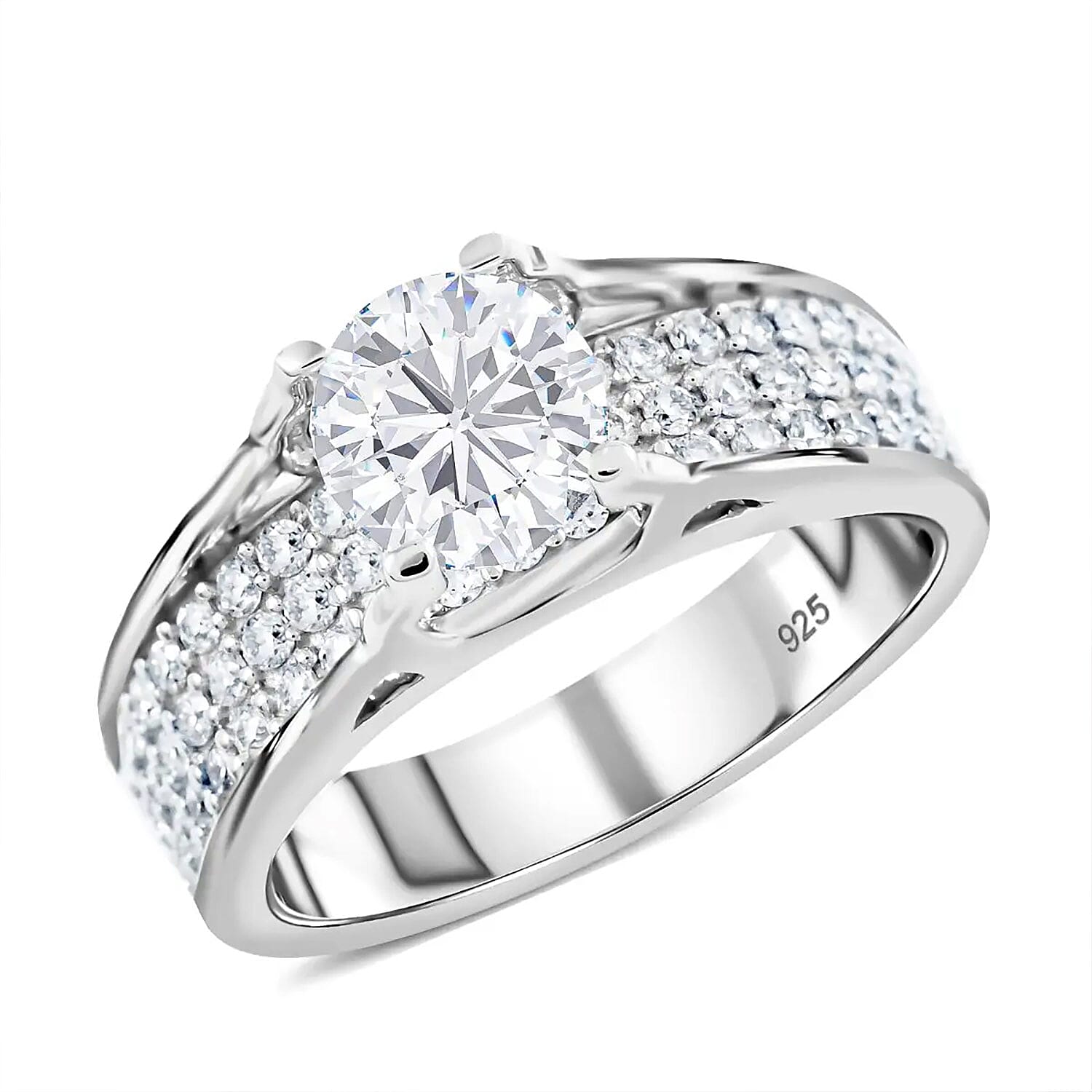 Moissanite (Rnd 7mm) Ring in Rhodium Over Sterling Silver (Size 7.0) 1.90 ctw