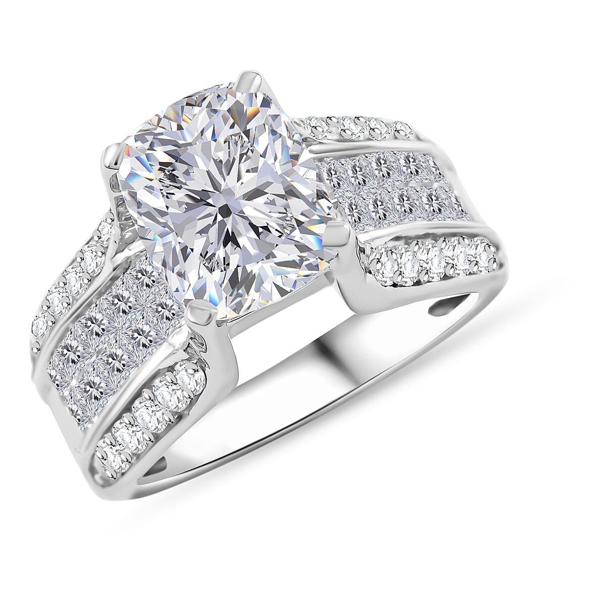 Moissanite (Rnd 10x8 mm) Ring in Rhodium Over Sterling Silver (Size 10.0) 4.65 ctw