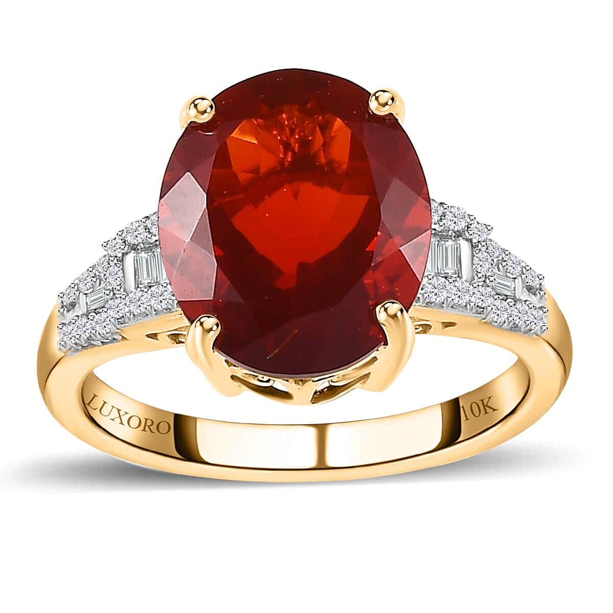 Luxoro 10K Yellow Gold Premium Mexican Cherry Fire Opal, Diamond (0.25 cts) Ring (Size 10.0) 4.25 ctw
