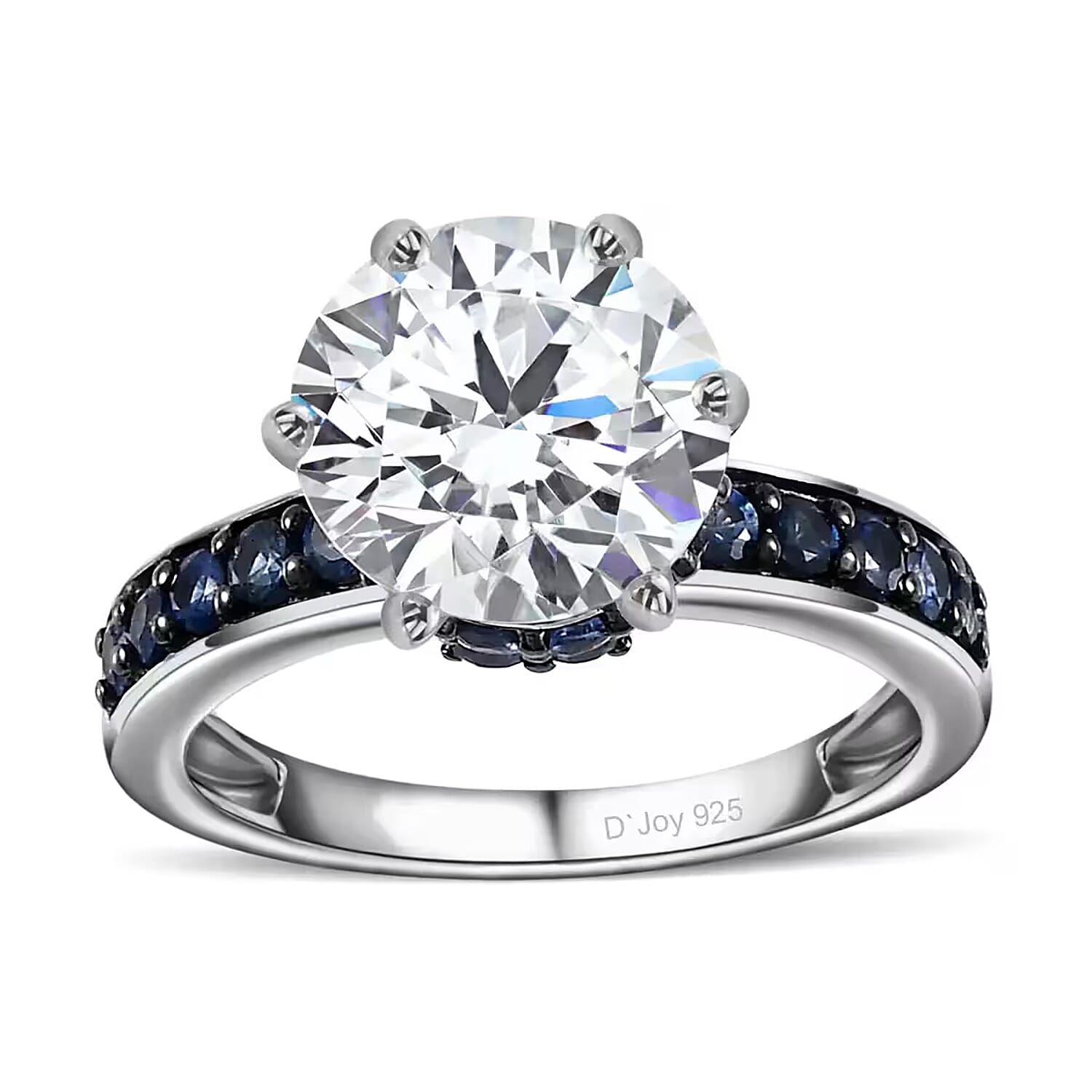 Doorbuster Moissanite and Blue Sapphire Ring in Platinum Over Sterling Silver (Size 10.0) 5.25 ctw