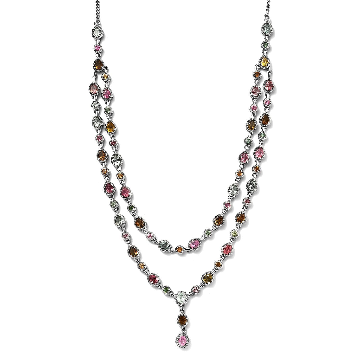 Multi-Tourmaline and White Zircon Necklace 18-20 Inches in Platinum Over Sterling Silver 12.40 ctw