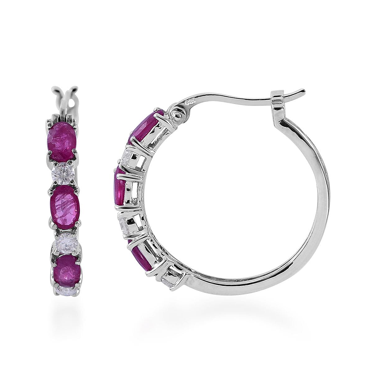Premium Montepuez Ruby and Moissanite Hoop Earrings in Platinum Over Sterling Silver 2.10 ctw