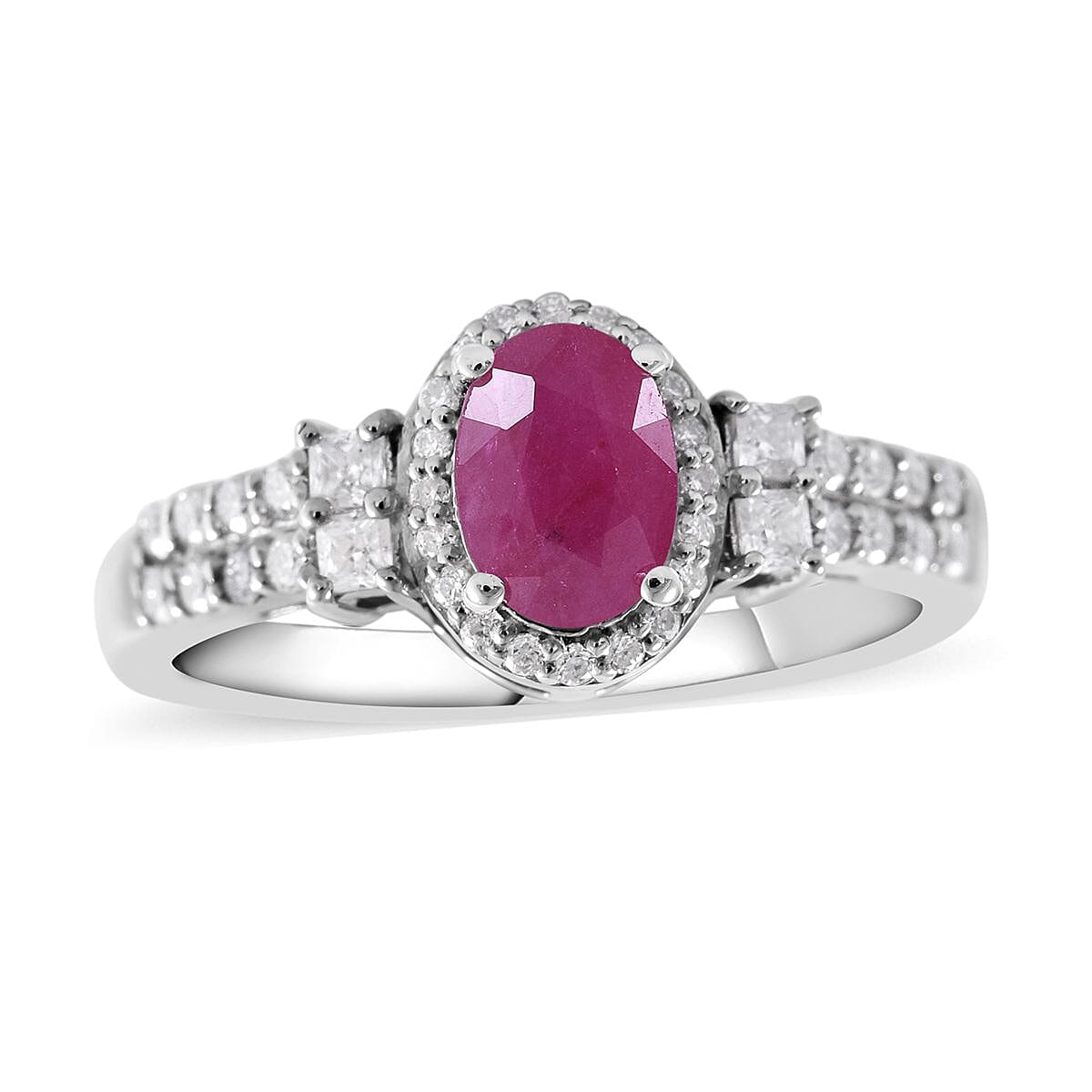 Premium Montepuez Ruby and Moissanite Halo Ring in Platinum Over Sterling Silver 1.50 ctw