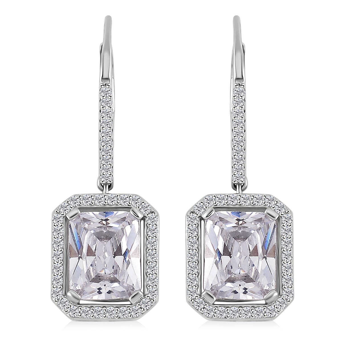 Lustro Stella Finest White CZ Lever Back Earrings in Rhodium Over Sterling Silver 11.85 ctw