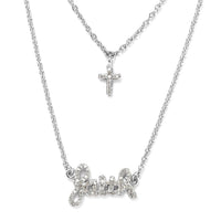 Diamond Faith and Cross Layererd Necklace 18 Inches in Rhodium Over Sterling Silver 0.25 ctw