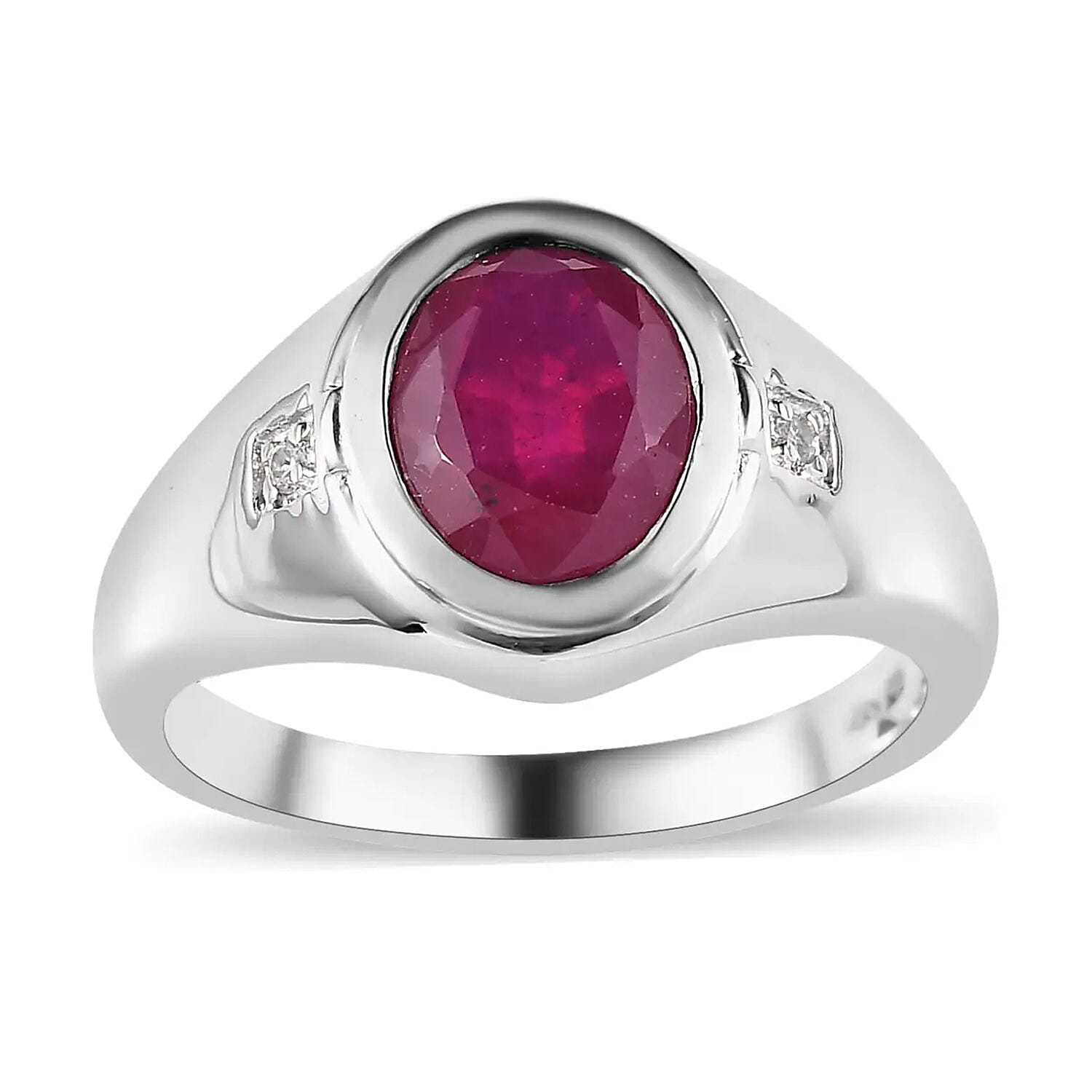 Niassa Ruby (FF) and White Zircon Men's Ring in Platinum Over Sterling Silver 3.40 ctw