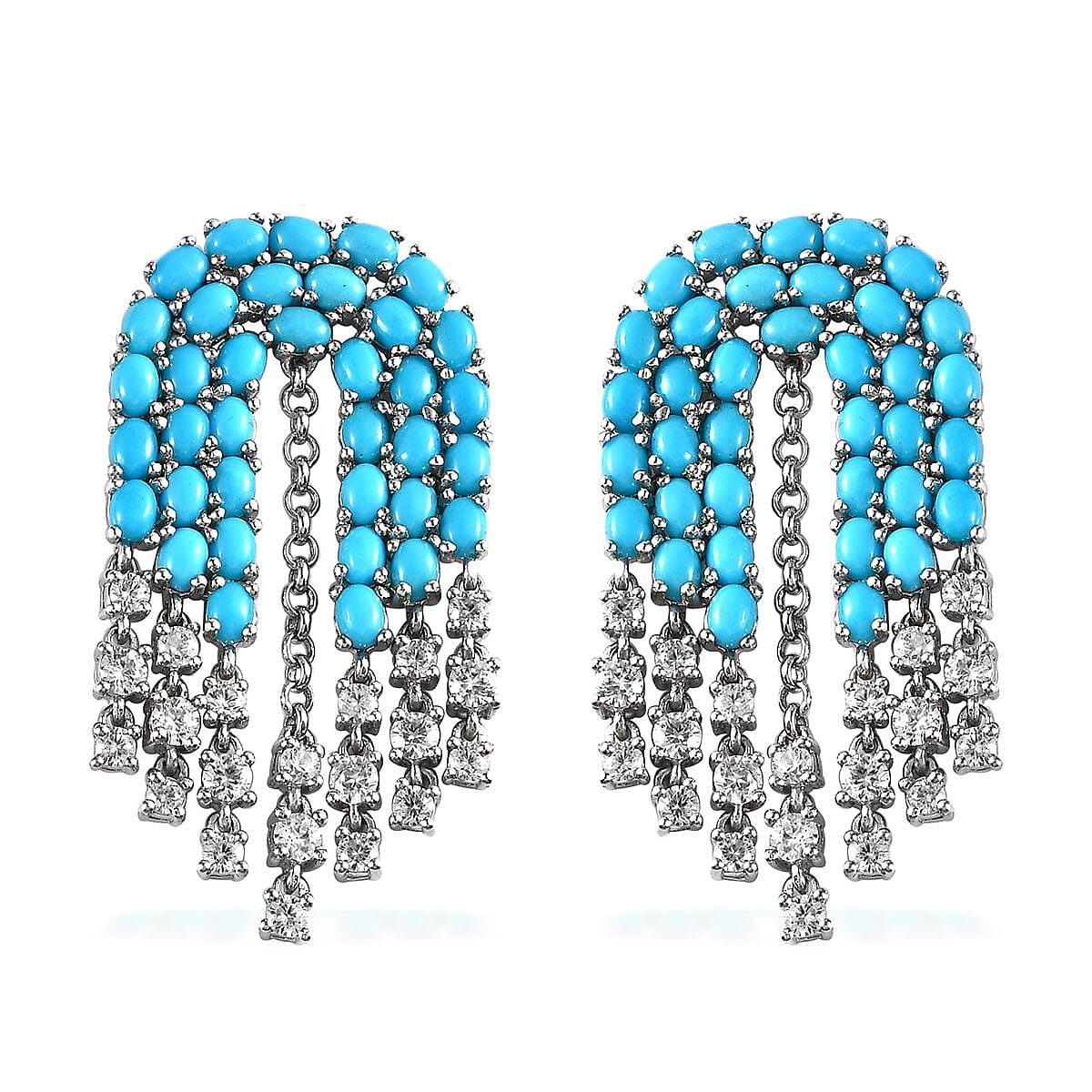 Sleeping Beauty Turquoise and White Zircon Chandelier Statement Earrings in Platinum Over Sterling Silver 17.35 ctw
