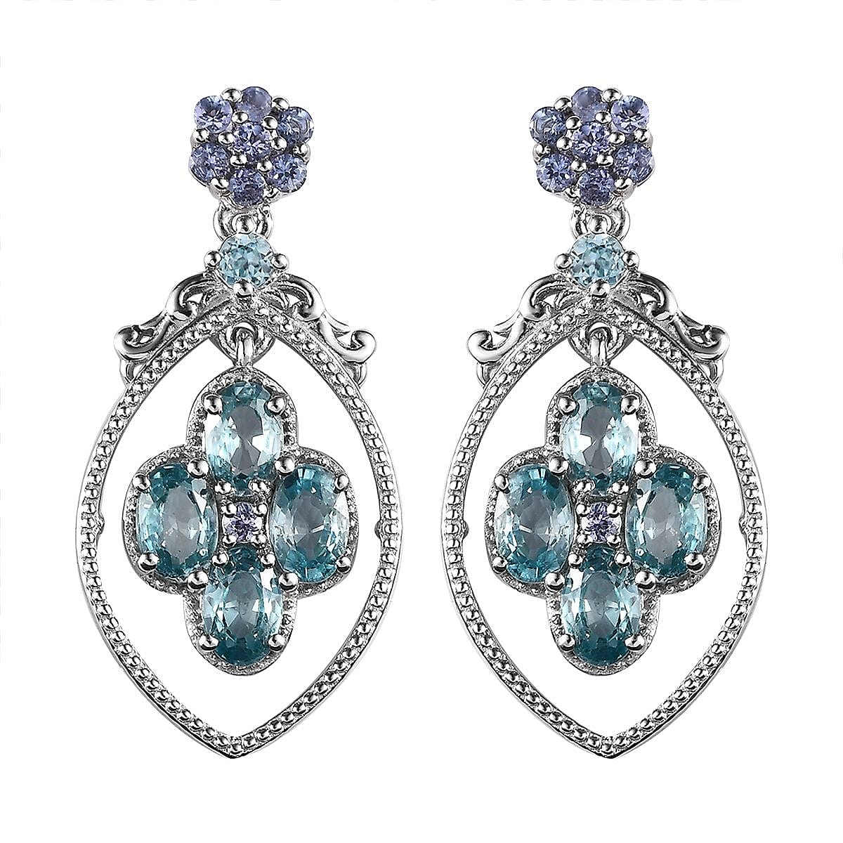 Blue Zircon and Tanzanite Earrings in Platinum Over Sterling Silver 6.50 ctw