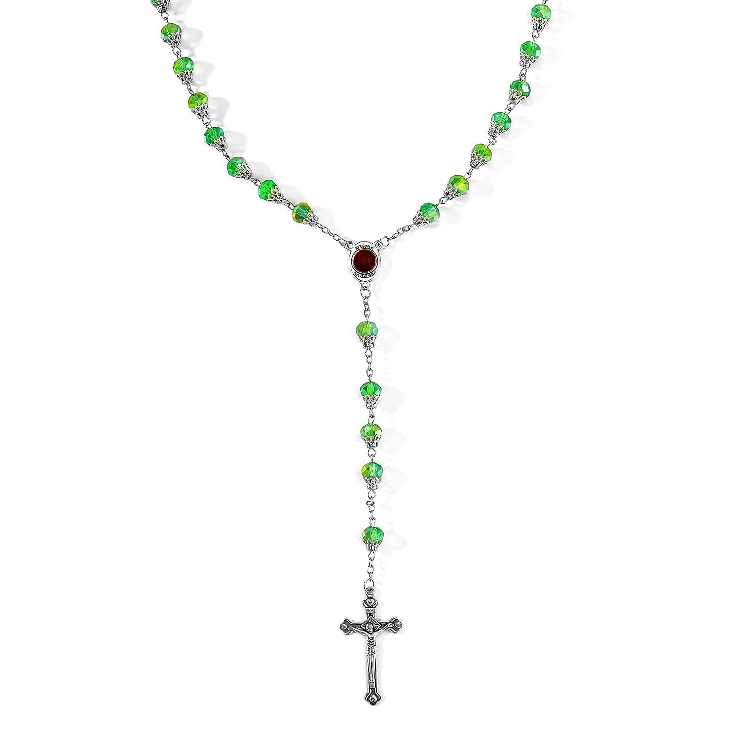 Doorbuster Green Magic Color Glass Cross Pendant Necklace (34 Inches) in Silvertone