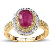 Luxoro 14K Yellow Gold AAA Montepuez Ruby, Natural Yellow and White Diamond (I2 - I3) (0.35 cts) Double Halo Ring (Size 9.0) 1.90 ctw