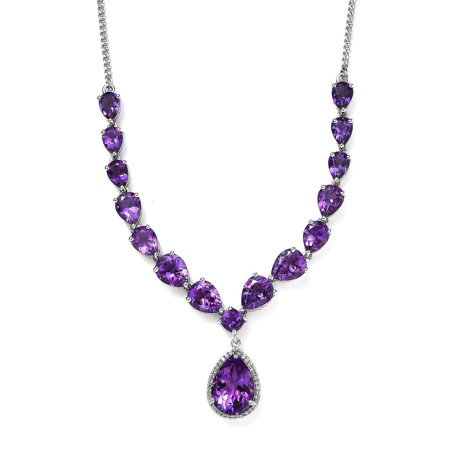 Premium Mashamba Amethyst and White Zircon Necklace 18-20 Inches in Platinum Over Sterling Silver 19.35 ctw