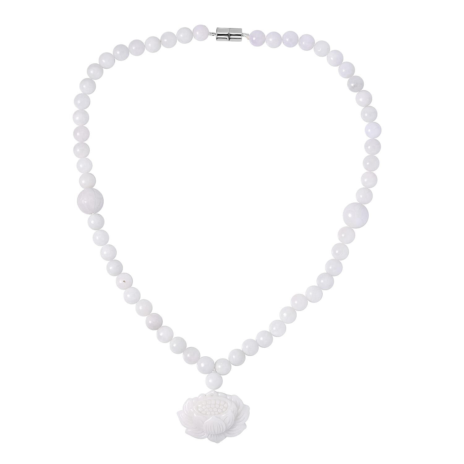 Natural Jade Carved Lotus Necklace 20 Inches with Magnetic Clasp in Rhodium Over Sterling Silver 407.50 ctw