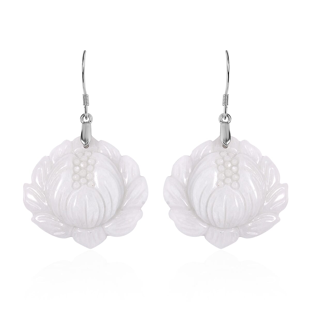 Natural Jade Carved Lotus Dangle Earrings in Rhodium Over Sterling Silver 250.00 ctw
