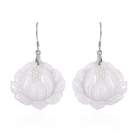 Natural Jade Carved Lotus Dangle Earrings in Rhodium Over Sterling Silver 250.00 ctw