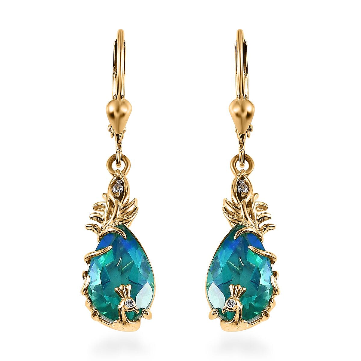 Peacock Quartz (Triplet) and White Zircon 6.75 ctw Earrings in Vermeil Yellow Gold Over Sterling Silver
