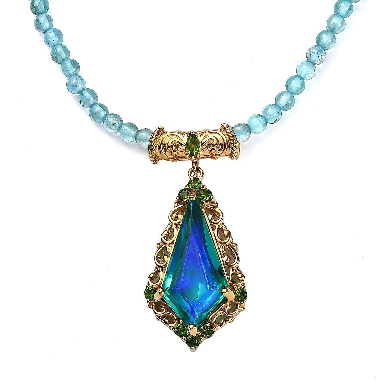 Peacock Quartz (Triplet) and Chrome Diopside Pendant with Paraiba Apatite Beaded Necklace 18-20 Inches in Vermeil YG Over Sterling Silver 44.70 ctw