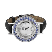 EON 1962 Tanzanite and Moissanite 6.50 ctw Swiss Movement Watch in Sterling Silver with Black Genuine Leather Strap