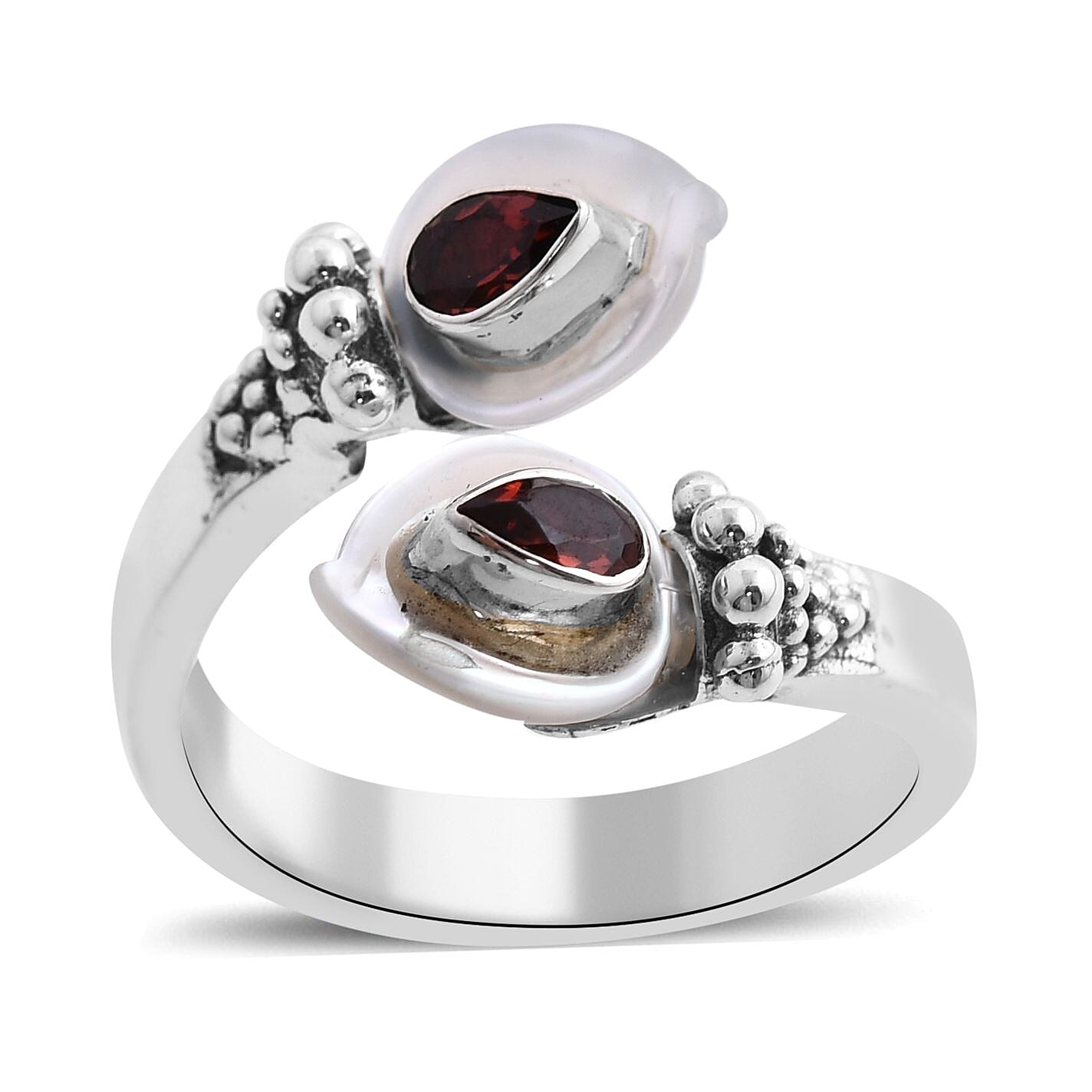 Sajen Silver Mother Of Pearl Carved Flower and Mozambique Garnet Bypass Ring in Sterling Silver (Size 10.0) 0.50 ctw