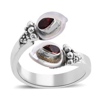 Sajen Silver Mother Of Pearl Carved Flower and Mozambique Garnet Bypass Ring in Sterling Silver (Size 10.0) 0.50 ctw