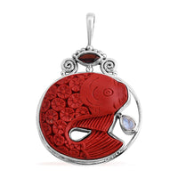 Sajen Silver Simulated Cinnabar and Multi Gemstone 23.40 ctw Carved Fish Pendant in Sterling Silver