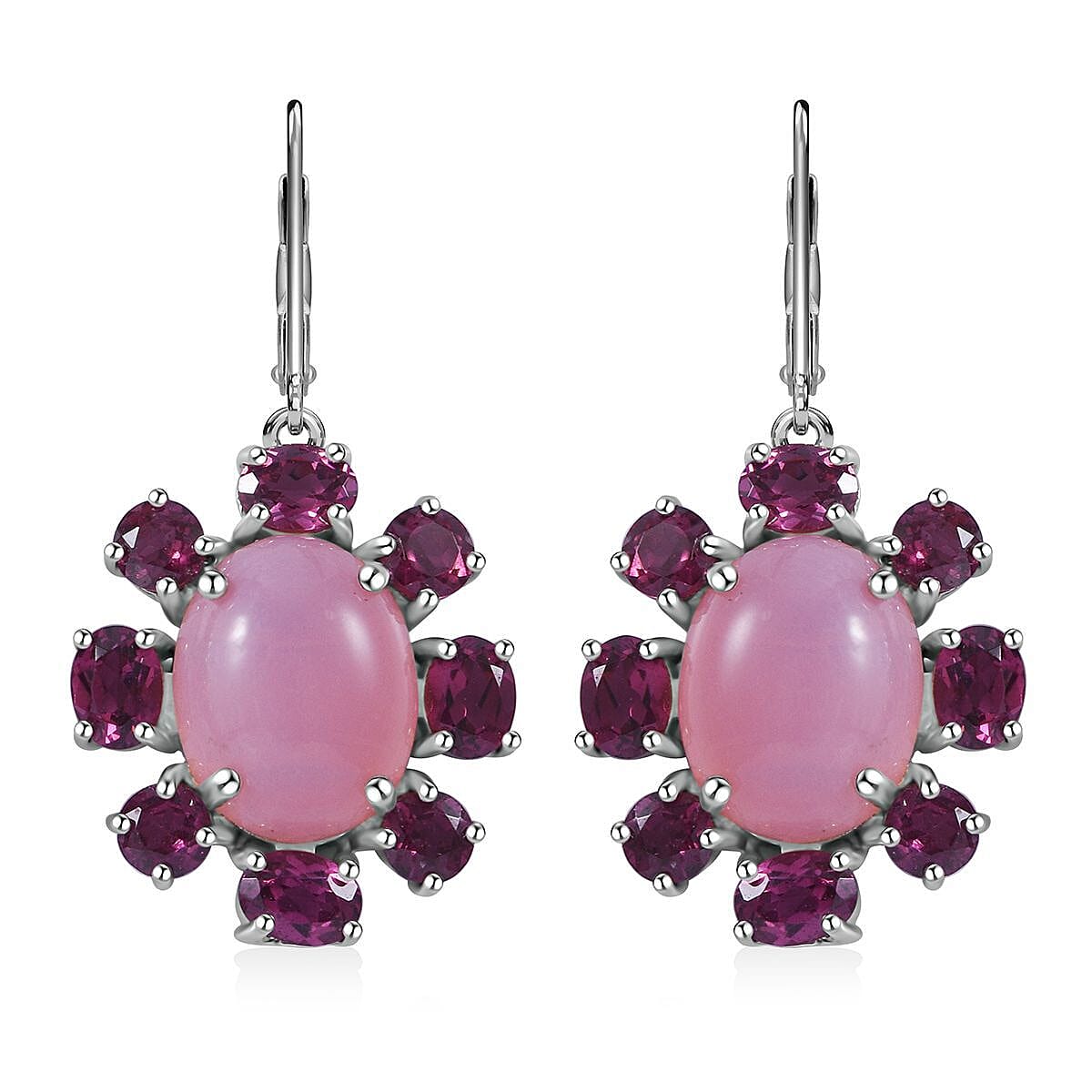 Premium Peruvian Pink Opal and Orissa Rhodolite Garnet 7.50 ctw Earrings in Platinum Over Sterling Silver