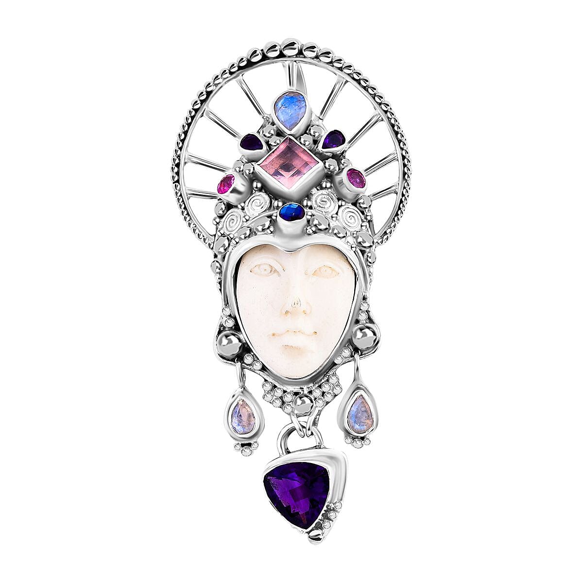 Sajen Silver Carved Bone and Multi Gemstone Pendant without Chain in Sterling Silver 7.60 ctw