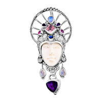 Sajen Silver Carved Bone and Multi Gemstone Pendant without Chain in Sterling Silver 7.60 ctw