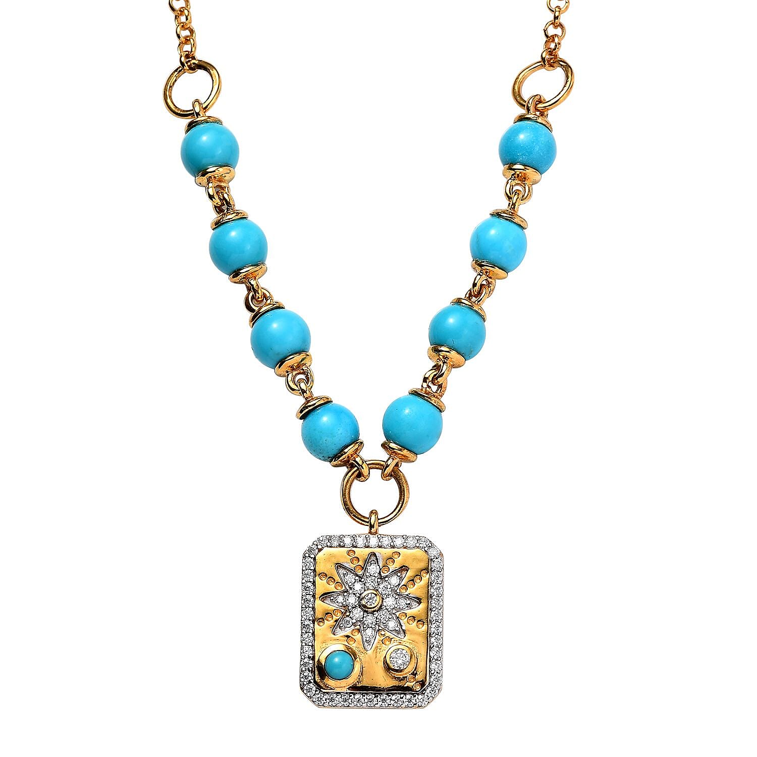 Sleeping Beauty Turquoise and Moissanite Celestial Medallion Necklace 18 Inches in Vermeil Yellow Gold Over Sterling Silver 7.90 ctw