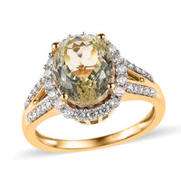 AAA Yellow Triphane, Moissanite Halo Ring in Vermeil YG Over Sterling Silver (Size 10.0) 4.15 ctw