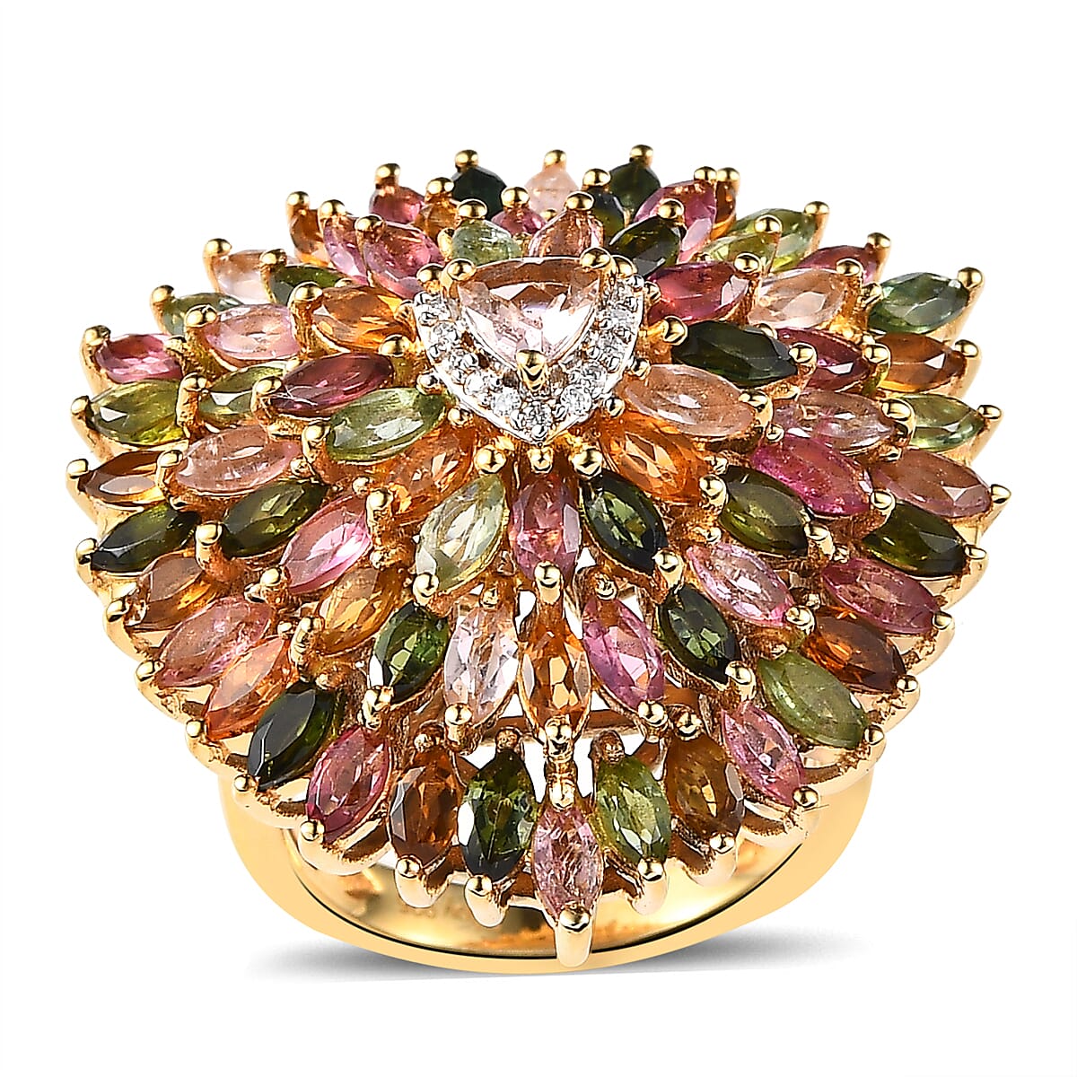 Multi-Tourmaline, Moissanite Sparkle Ring in Vermeil YG Over Sterling Silver (Size 10.0) 6.50 ctw