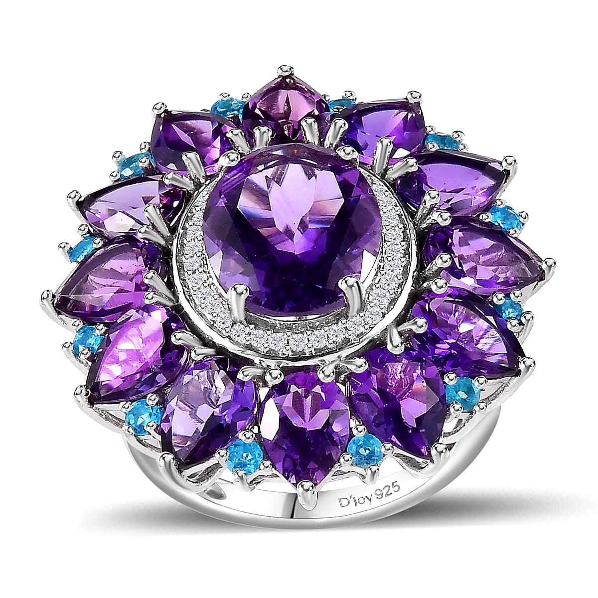 Premium Mashamba Amethyst, Multi Gemstone Floral Ring in Platinum Over Sterling Silver (Size 6.0) 14.85 ctw