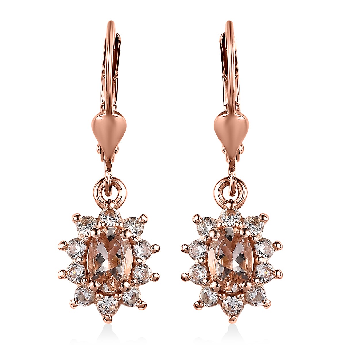 Premium Marropino Morganite and White Zircon Sunburst Lever Back Earrings in Vermeil Rose Gold Over Sterling Silver 1.80 ctw