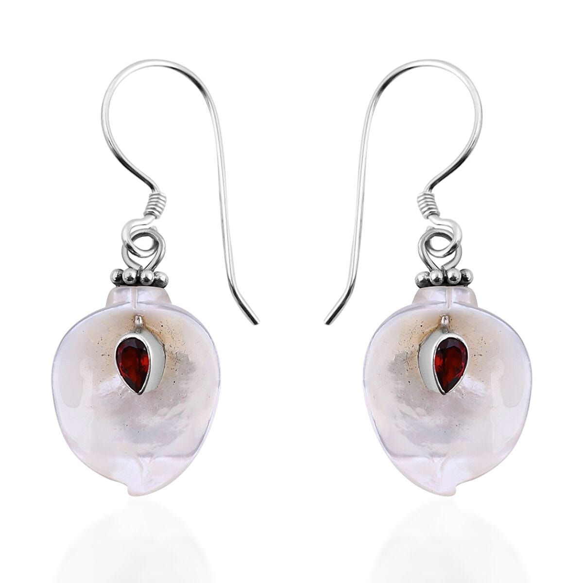 Sajen Silver Mother Of Pearl Carved Flower and Mozambique Garnet Earrings in Sterling Silver 0.50 ctw