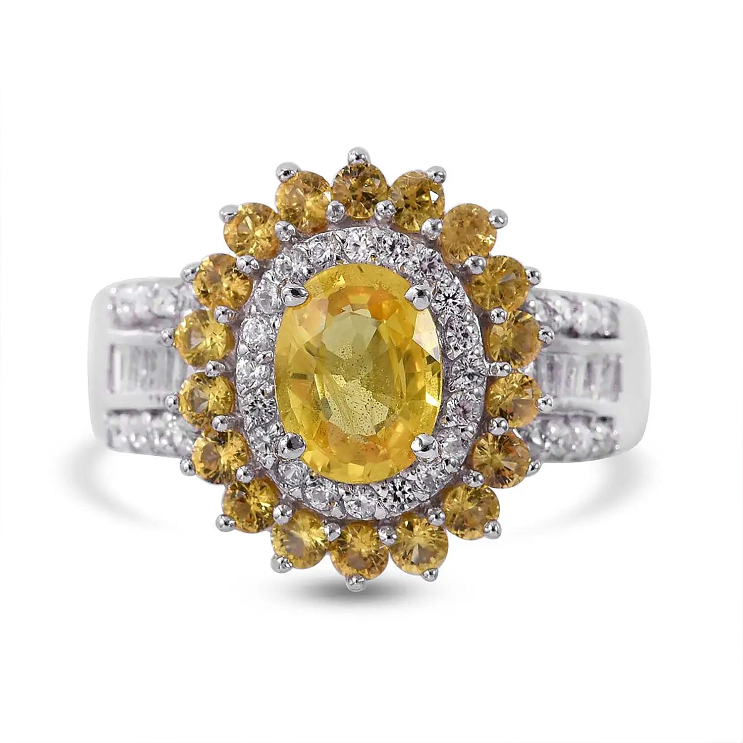 Madagascar Yellow Sapphire and White Zircon Double Halo Ring in Platinum Over Sterling Silver (Size 10.0) 3.15 ctw